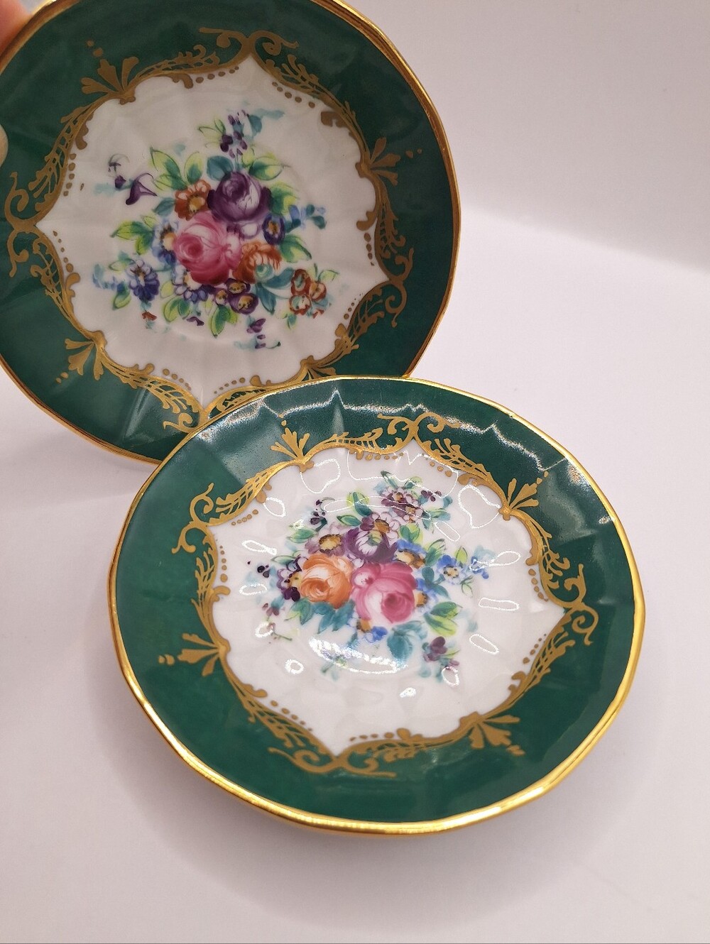 Pair Le Tallec Paris Hand Painted Porcelain Cabinet Plates Green Gold Floral